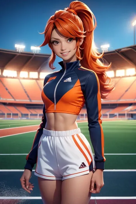 A woman with a medal standing in front of a stadium (track and field, stadium:1.2), (rim lighting), (detailed face:1.1), 1girl, solo, smile, captain mizuki, one-punch man, highres, muscular female, breasts, orange hair, sports bra, upper body, high ponytai...