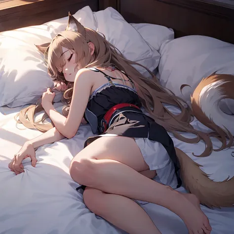 masterpiece, highest quality, high resolution, one girl, long hair, , animal ears, red eyes, wolf's tail, necklace, dress,bed、sl...