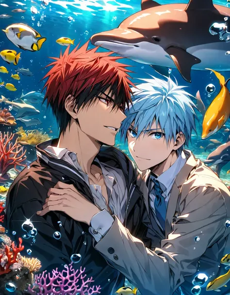 absurdres, highres, ultra detailed, HDR, masterpiece, extremely detailed face and eyes, Kagami Taiga, red short hair, expressive red eyes, Kuroko No Basket, Kuroko Tetsuya, light-blue hair, expressive blue eyes, 2men together, gay couple, handsome, underwa...