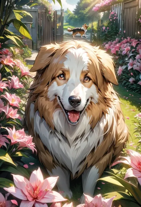 absurdres, highres, ultra detailed, HDR, masterpiece, extremely detailed face and eyes, dog, collie, white fur, albino, brown ears, brown around its eyes, expressive brown eyes, cute, garden, pink lilies, pink petals