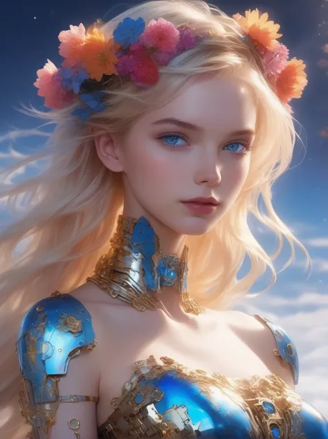 (((covered in flowers))), (1girl), blue eyes, night sky, robot joints, (raw flesh:1.3), [blonde hair:3] faize, fire and ice, (im...