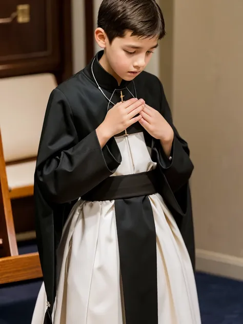 A 13-year-old boy wearing a long-sleeved black cassock with a waist sash praying the rosary, white-skinned boy, light brown hair, fine face, American features