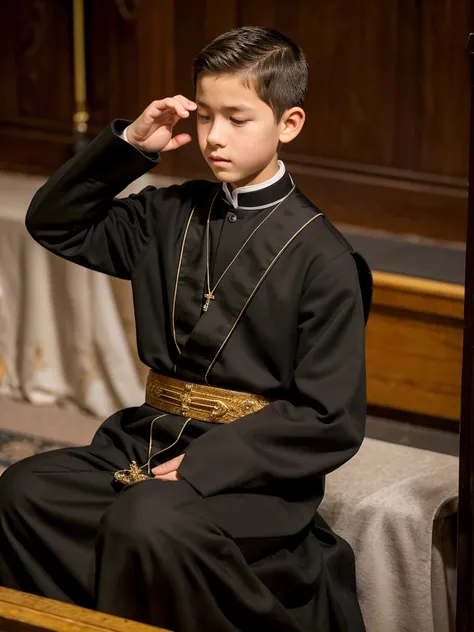 A 13-year-old boy wearing a long-sleeved black cassock with a waist sash praying the rosary, white-skinned boy, light brown hair, fine face, American features