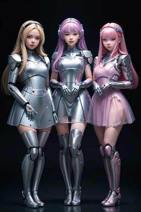 Many schoolgirls transformed into robots, whole body mechanics,　 Only the faces of all of them remain human., Their face is cute and beautiful, They all have different hair colors and hairstyles., Everyone&#39;s entire body is mechanical and made of metal....