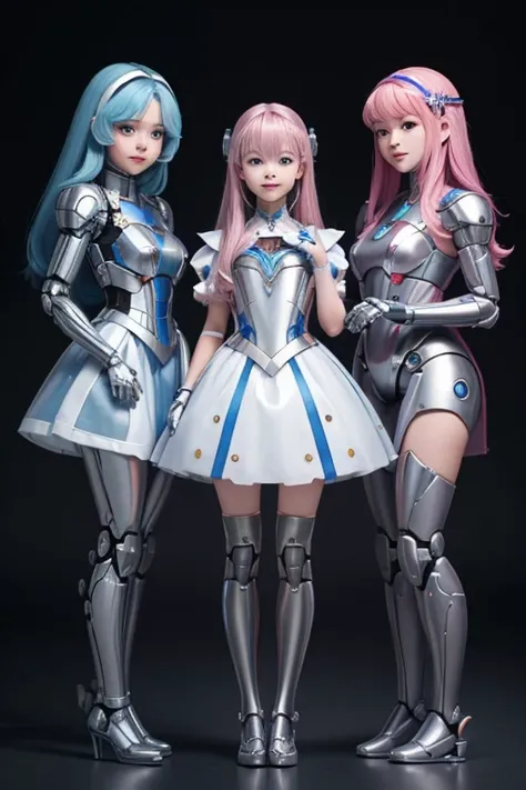 Many schoolgirls transformed into robots, whole body mechanics,　 Only the faces of all of them remain human., Their face is cute and beautiful, They all have different hair colors and hairstyles., Everyone&#39;s entire body is mechanical and made of metal....