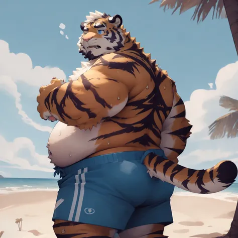 New Jersey 5 Furry,Tiger，Full body portrait of an individual，Exquisite， Chubby，Fat，Thick arms，Rugged muscles，plush fur，Topless，Chubby脸，Black eyebrows，sky blue eyes，Beard，shorts，Beach，Sweating，Back to，look back