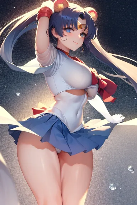 masterpiece, best quality, beautiful art, high resolution, well formed hands, body and fingers, 1 woman, solo, Mata Hari, adult, big breasted, cleavage , full body, wearing a Sailor Moon outfit, bluehair, blue eyes, gorgeous legs and thighs, sexy sailor se...