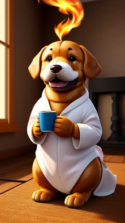 (best quality:1.23), (masterpiece:1.12), (Practical:1.24), (Anthropomorphic dog:1.5) holding coffee cup, sitting, Wearing a robe, eating breakfast and holding coffee cup, have, particle, Volumetric Lighting,  The room burned down, The floor and chairs are ...