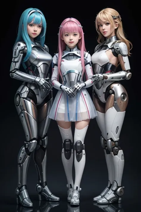 many schoolgirls transformed into robots, whole body mechanics,
 only the faces of all of them remain human,
 their face is cute...