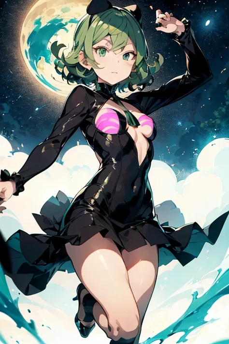 Tatsumaki is a  woman, commonly mistaken for looking much younger than she actually is (partly also due to her capricious nature). He has a young face with emerald green eyes and tousled emerald green hair that curls at the ends. She wears a tight black dr...