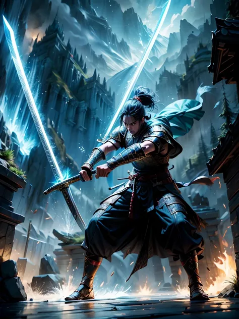 (best quality, highres),detailed swordsman, vibrant colors, intense action, dynamic poses, shiny swords, flowing robes, epic battle, dramatic lighting, fantasy setting, magical atmosphere, cinematic feel, masterful technique, intricate details, heroic warr...