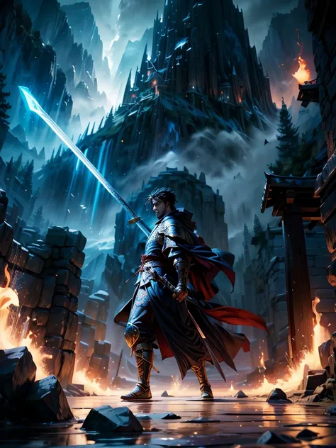 (best quality, highres),detailed swordsman, vibrant colors, intense action, dynamic poses, shiny swords, flowing robes, epic battle, dramatic lighting, fantasy setting, magical atmosphere, cinematic feel, masterful technique, intricate details, heroic warr...