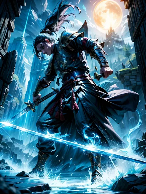 (best quality, highres),detailed swordsman, vibrant colors, intense action, dynamic poses, shiny swords, flowing robes, epic battle, dramatic lighting, fantasy setting, magical atmosphere, cinematic feel, masterful technique, intricate details, heroic warr...