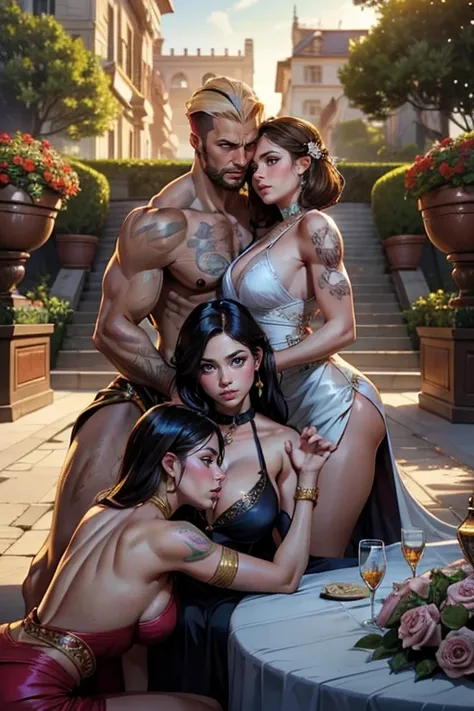 One Handsome short-haired tall European huge beefy muscular Chad Prince in center-of-composition hugging three beautiful bodybuilding princess bitches tackling him and touching him and feeling him and snuggling him, faces are welcoming and lovely and charm...