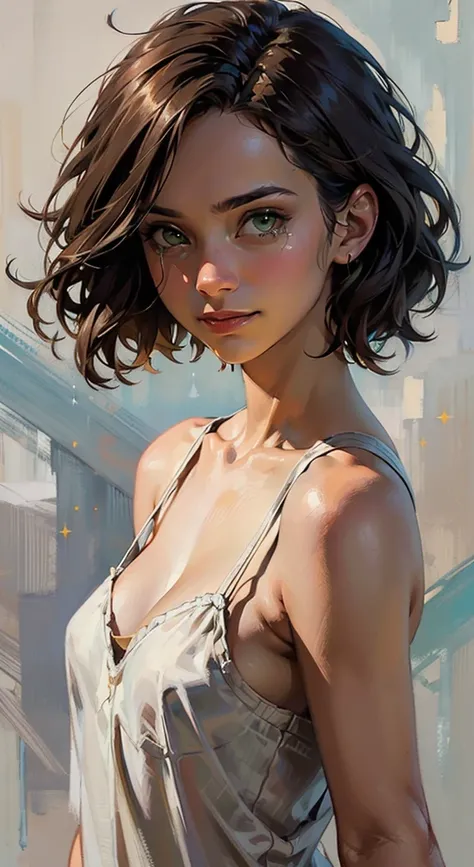 (8k, best quality, masterpiece:1.2),(best quality:1.0), (ultra highres:1.0), painted artwork, a sexy smile, shoulder, long dark hair, green eyes, tears slowly drips down, pink and white top, inspired by Drew Struzan, half body portrait, extremely luminous ...