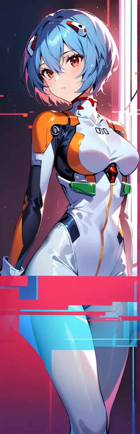 (best quality:1.2),1 Girl,Solitary,permanent_,Ayanami Rei,White tights,Red Eyes,Pilot suit,short hair,Blue Hair,Bangs,interface headset,turtleneck sweater,Hair between the eyes,Pixelated background,Neon,Sci-fi color scheme,Bright colors,metallic feel,Detai...