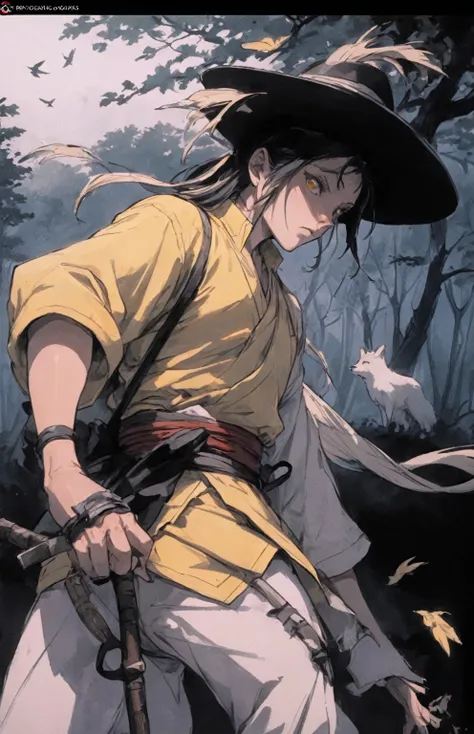 Gritty (Usagi Yojimo istyle reference n the style of hand drawn Stan Sakai) caprice and whimsy of the wanderder the Ghost of Tsushima, sword resting on hip, wandering a vacant forest path, wearing a yellow traveler outfit and ronin straw hat, playing the s...