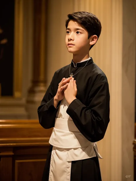 A 13-year-old boy wearing a long-sleeved black cassock with a waist sash praying the Catholic rosary, white-skinned boy, light brown hair, fine face, American features, male , all in black