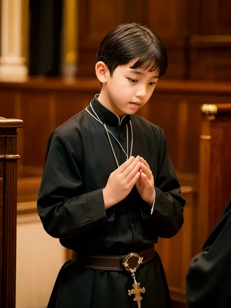 A 13-year-old boy wearing a long-sleeved black cassock with a waist sash praying the Catholic rosary, white-skinned boy, light brown hair, fine face, American features, male , all in black