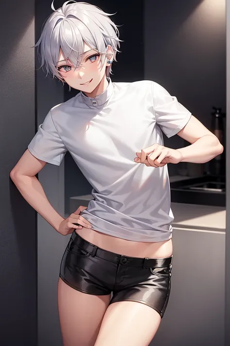 A cheeky handsome boy who is a downer.　Silver Hair　Piercings in both ears　Short sleeve shorts　Illustrated　Slender figure　naughty smile　