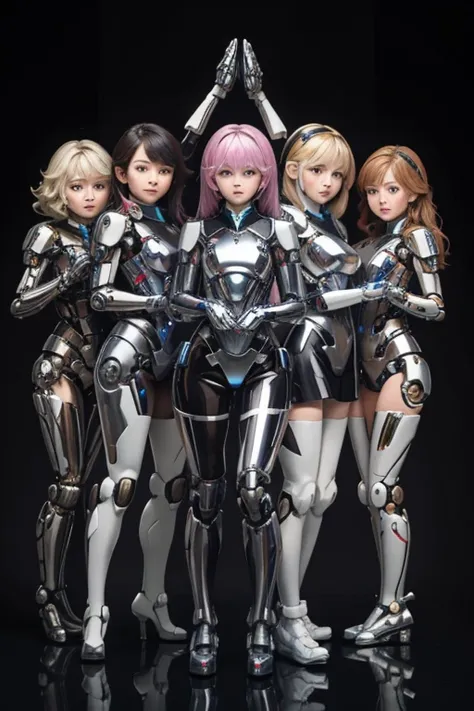 many schoolgirls transformed into robots, whole body mechanics,
 only the faces of all of them remain human,
 their face is cute...