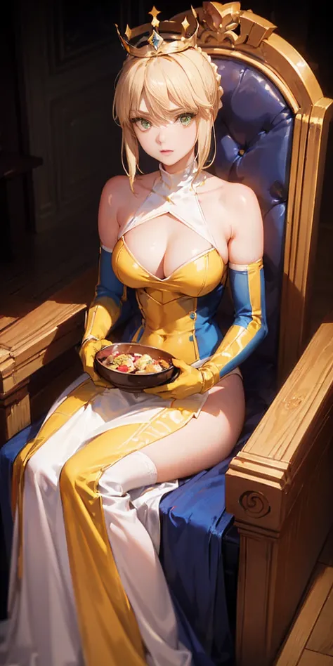 Lancer Artoria, elegant adult female, blonde, green eyes, (yellow eyelashes), crown, turtleneck, cleavage cutout, sleeveless, blue leotard, elbow gloves, gauntlets, blue thigh, elegantly (sit on throne), throne room, close-up protrait, high resolution, ext...