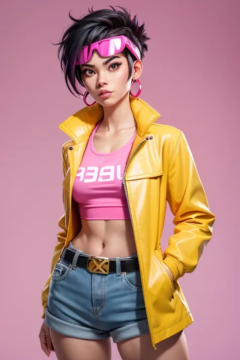 a woman in a yellow raincoat and pink eyewear on head, yellow leather jacket,  punk black hair (very short on the sides), solo, ...