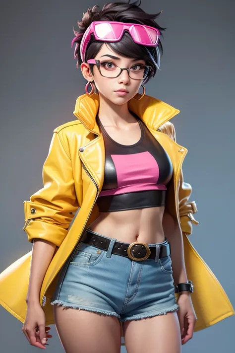 a woman in a yellow raincoat and pink eyewear on head, yellow leather jacket,  punk black hair (very short on the sides), solo, ...