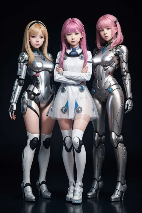 many schoolgirls transformed into robots, whole body mechanics,
 only the faces of all of them remain human,
 their face is cute...