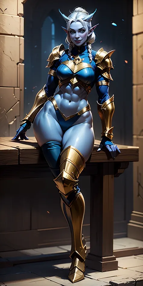 full body sitting on a bench showing ass to me, BLUE breastplate, BLUE skin (1girl)(BLUE skin:1.2), looking at viewer, shiny, armor, thighhighs, high boots, pauldrons shoulder armor, faulds, poleyn, gloves, gauntlets, rerebrace armored boots, (masterpiece,...