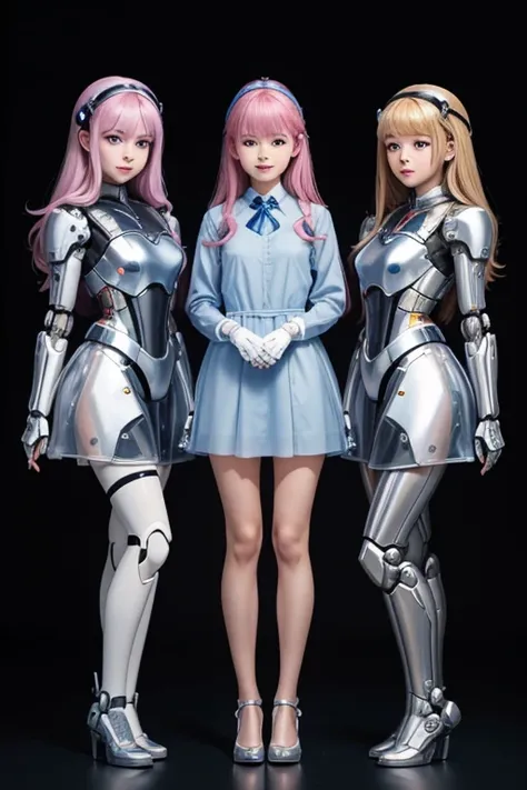 many schoolgirls transformed into robots, whole body mechanics,　 only the faces of all of them remain human., their face is cute...