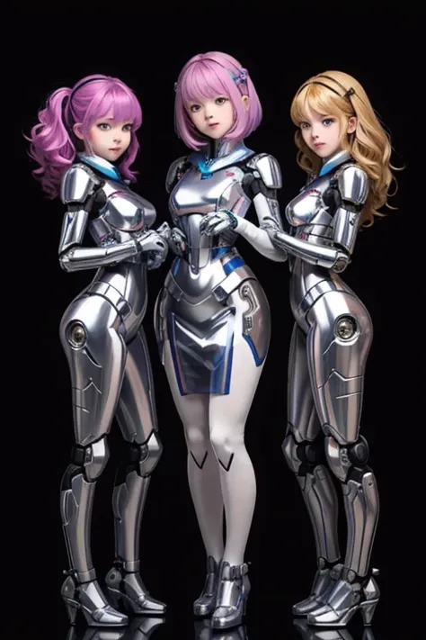 many schoolgirls transformed into robots, whole body mechanics,
 only the faces of all of them remain human,
 their face is cute...