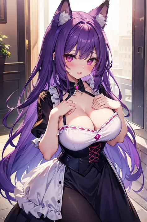 Fox Girl, Big Breasts, Voluminous purple hair, masterpiece , Red eyes、Double teeth、tooth、Blushed cheeks、 hd, from head to chest, buried in my chest、Underbust、Cleavage、Bunny girl