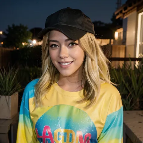 Chloe Bennet with dyed blonde hair at night wearing bright clothes smiling