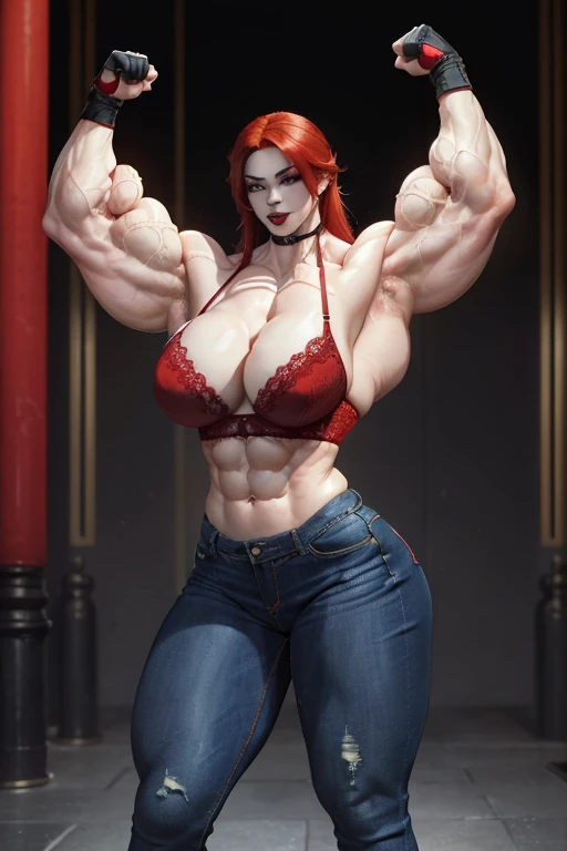 (((((Massive tall, beautiful, buff, pale white skinned muscular asian woman with red hair, black lipstick, ginormous bulky muscles, and wearing a red lace bra with tight denim pants))))), close view, massive muscle, massive biceps, hyper muscle shoulders, ...