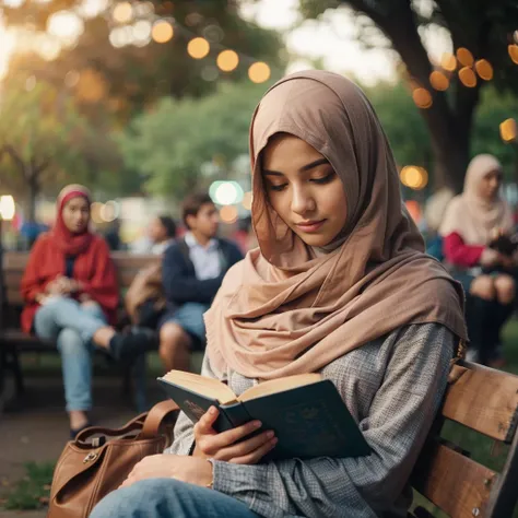 pretty moslem woman in krem hijab, european features, peacefully reading a book in the park bench, people in the park as background, amid colorful lights and bokeh effects, photo realistic, cinematic, movie still, summer vibes, captured in the style of Son...