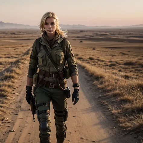 Very beautiful young girl, Stalker, blonde, Short tousled hair, маска 😷 на лице, post apocalypse, cyberpunk, professional photo, realistically, backpack 🎒, rifle, knife in sheath on belt, dirt on the face, worn clothes, style Mad Max