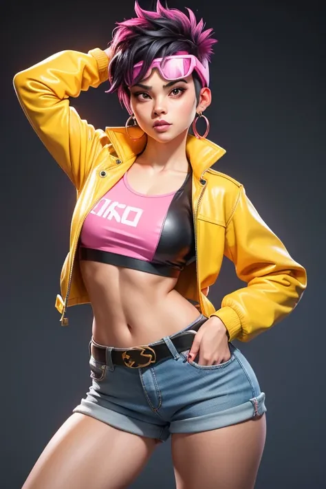 a woman in a yellow raincoat and pink eyewear on head, yellow leather jacket,  punk black hair (very short on the sides), solo, ...