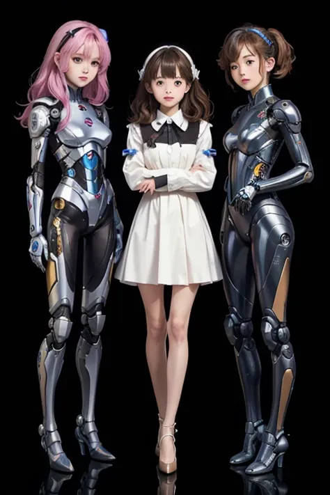 many schoolgirls transformed into robots, whole body mechanics,
 only the faces of all of them remain human,
 their face is cute...