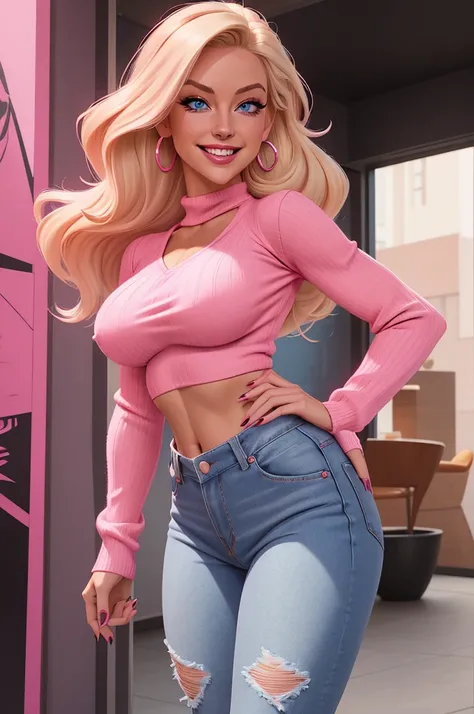 sexy bombshell of a women wearing a ultra-tight fuzzy pink long-sleeve v-neck sweater, exposed midriff, and Highrise jeans. Pink Stilleto heels. Large breasts. thin waist, blond hair, large piercing blue eyes. large ass, hyper-detailed, photorealistic, smi...