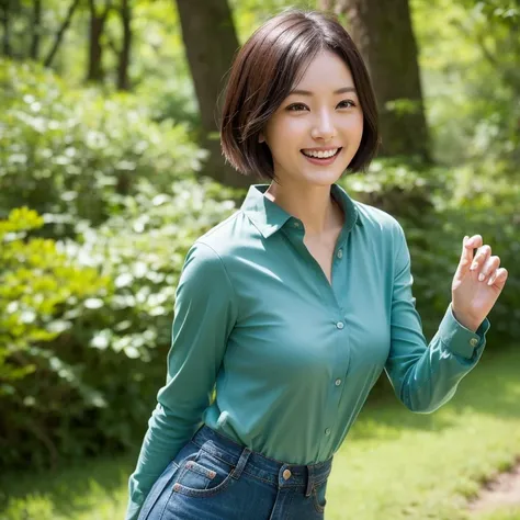 A beautiful Japanese woman in her thirties with short hair, wearing a dark blue long-sleeved cotton shirt and jeans pants, laughs and dances on the path in a fresh green forest. Focal length 100mmf/2.8, spring morning, sunny, forest road in a natural park,...