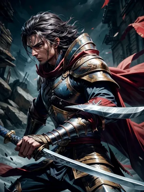 A swordsman, painting, Detailed armor, Flowing Cape, Intense expression, Dramatic Lighting, Fierce fighting scenes, best quality, Realistic style, Vibrant colors, Sharp eyes, sharp sword, battle scars, Dynamic poses, background, arms, Epic creation.