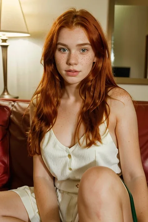 portrait of a young 25 year old girl with long wayed red hair with bags, red hairstyle, green beautiful eyes, with cute and desirable face illuminated by golden-hour sunlight in a hotel room, sitting on the couch, full body shot, glowing red hair, with fre...