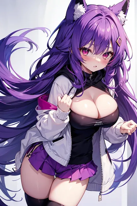 Fox Girl, Big Breasts, Voluminous purple hair, masterpiece , Red eyes、Double teeth、tooth、Blushed cheeks、 hd, from head to chest, buried in my chest、Underbust、Cleavage、hoodie、hot pants、Black knee socks