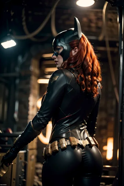 beautiful detail, best quality, 8k, highly detailed face and skin texture, high resolution, big booty red hair batgirl in a cave under torch light, darkest atmosphere, back view, looking at viewer, sharp focus