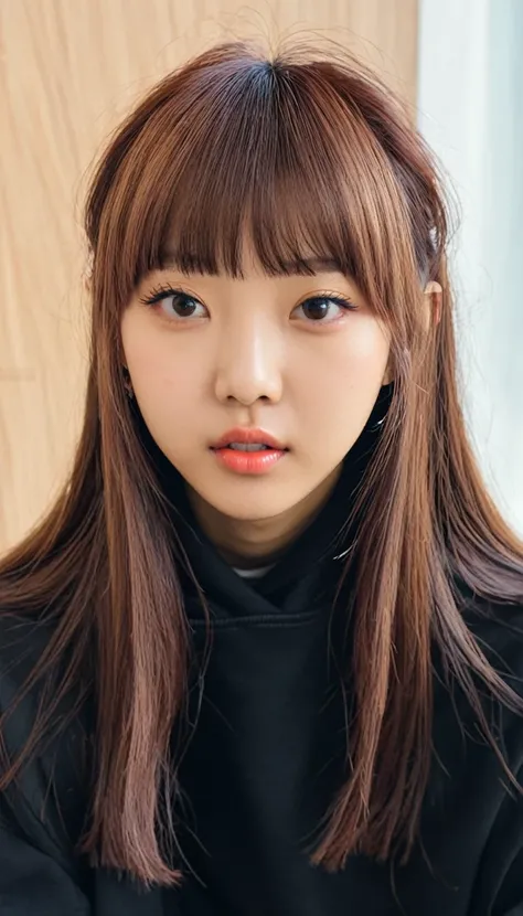 a close up of a person with a hoodie on, a picture by Yuki Ogura, tumblr, realism, lalisa manobal, young adorable korean face, ulzzang, neat hair with bangs, lalisa manoban of blackpink, wan adorable korean face, korean girl, with bangs, brown bangs, with ...