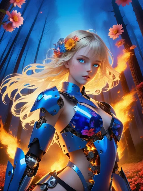 (covered in flowers:1.4), (1girl), blue eyes, night sky, robot joints, (raw flesh:1.3), (blonde hair:1.3), faize, fire and ice, (image split in half with multiple colours:2), (cogs attached to body:1.2), gold plates, blue eyes, sapphire, liquid metal, nigh...