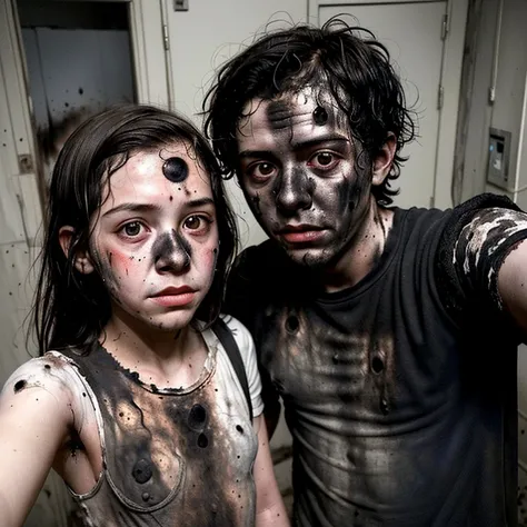 Selfie of a boy and girl actor covered in soot and in tatters after an explosion during a failed experiment