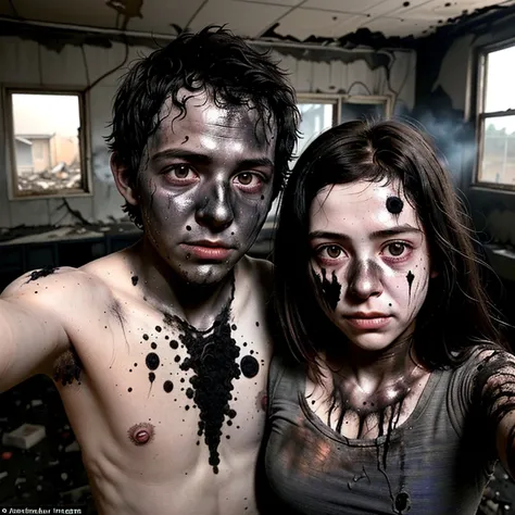 Selfie of a boy and girl actor covered in soot and in tatters after an explosion during a failed experiment