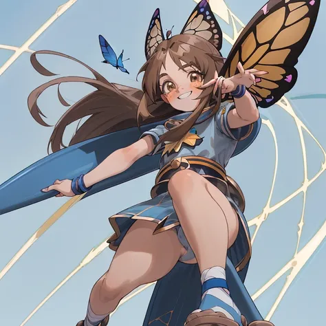 Boku no hero screenshot of a girl with long blue brown hair has butterfly wings on her back ( grandes) light brown eyes freckles has happy expression wears hero costume (falda azul con mariposas y parte superior azul con lineas blancas, white and blue poin...